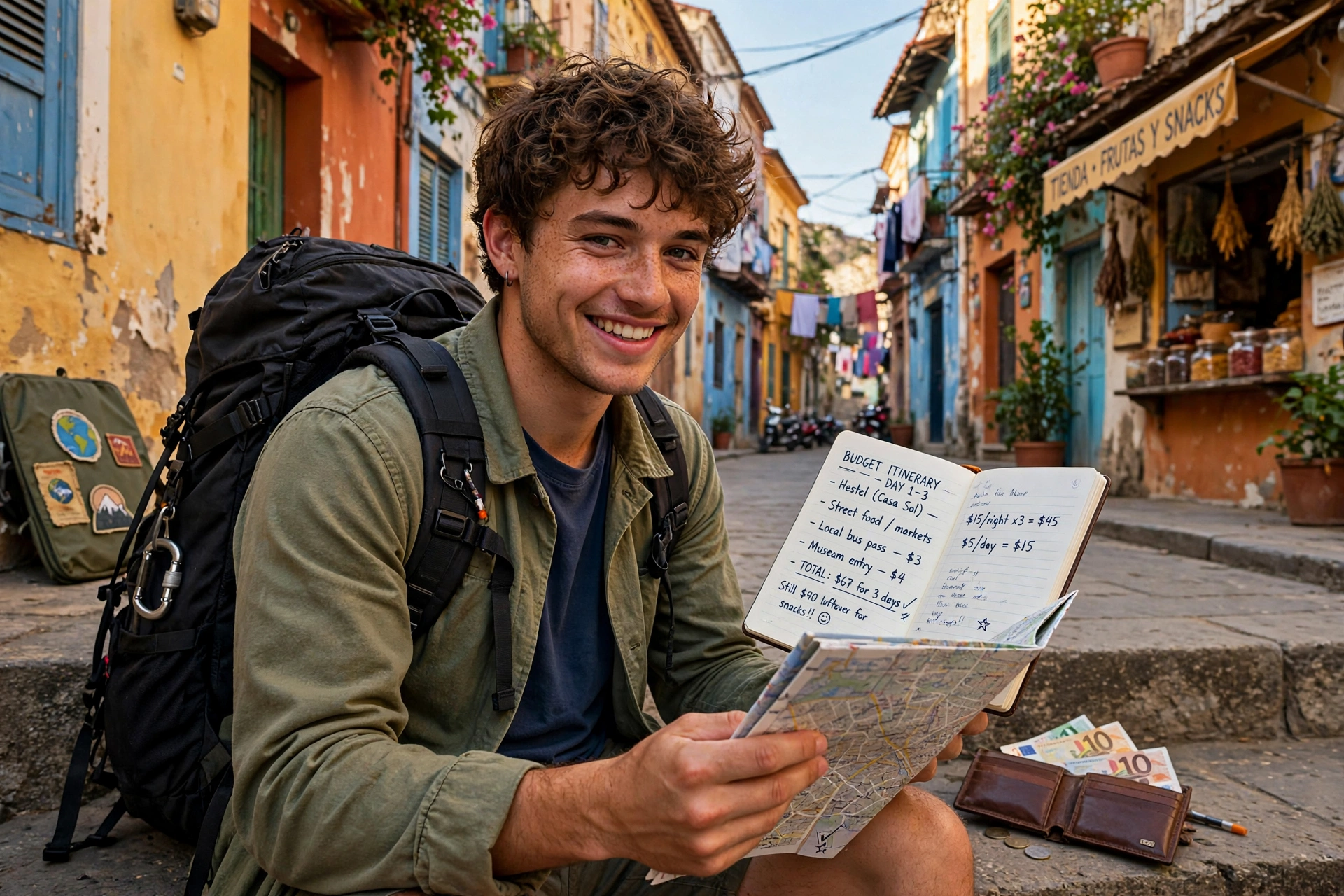 Budget traveler with backpack planning a cheap trip with a map and notebook