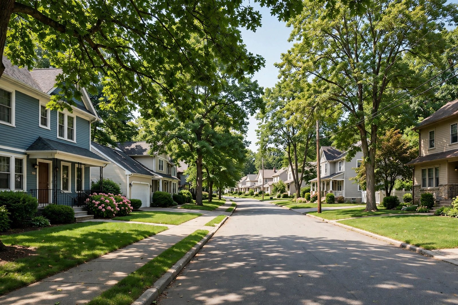 A quiet suburban residential neighborhood street with houses and trees in daytime