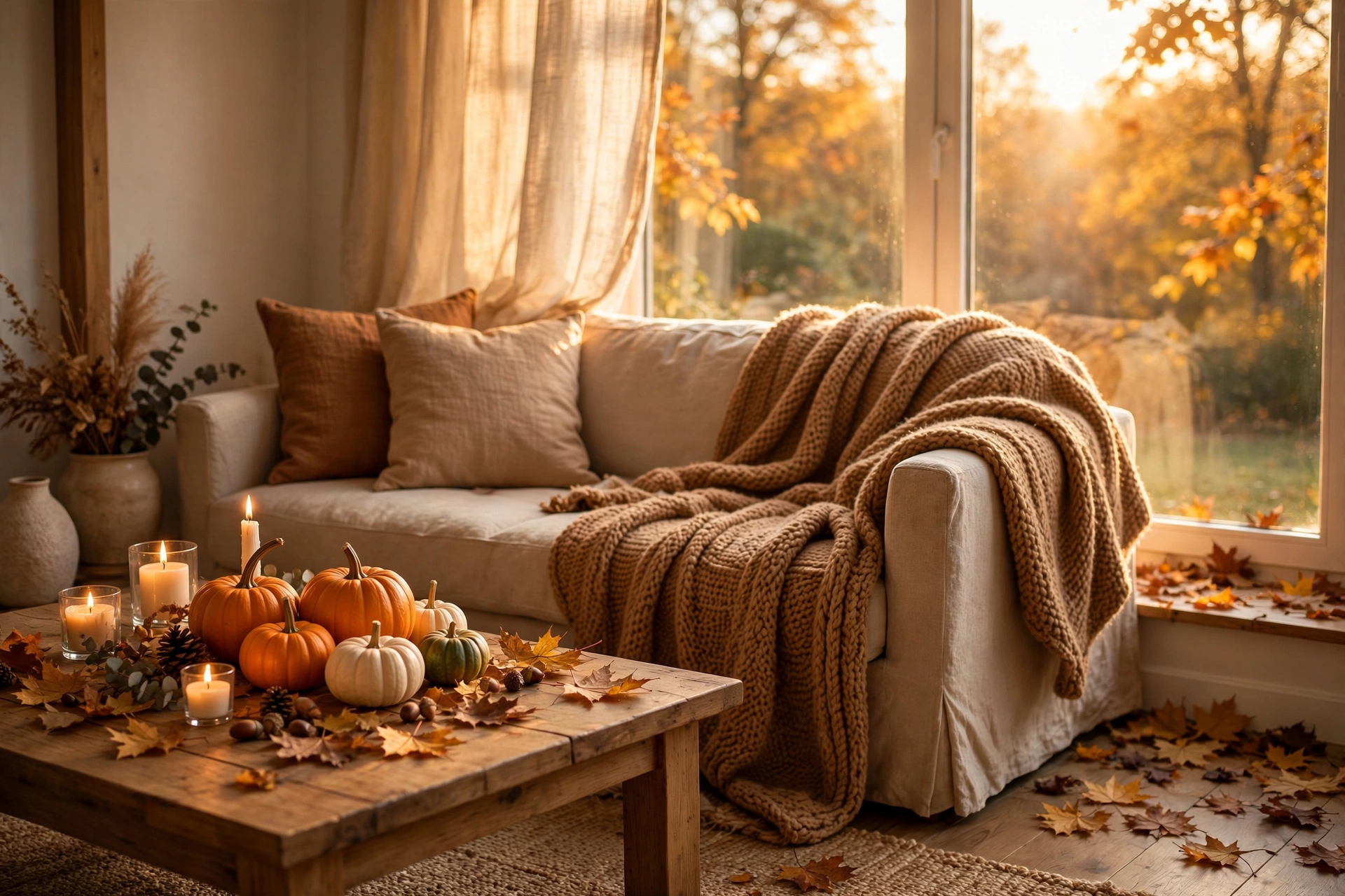Cozy living room decorated for autumn with pumpkins, candles and warm throws