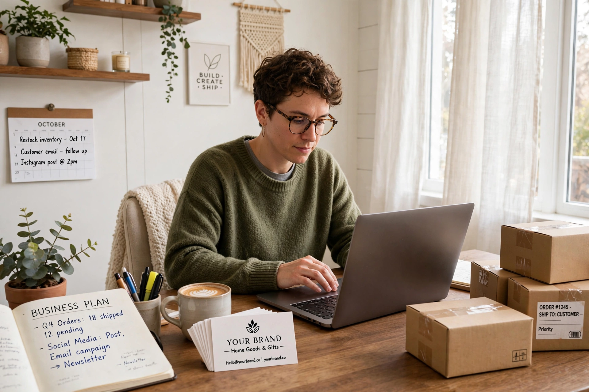Person working on a laptop in a bright home office while planning a home-based business