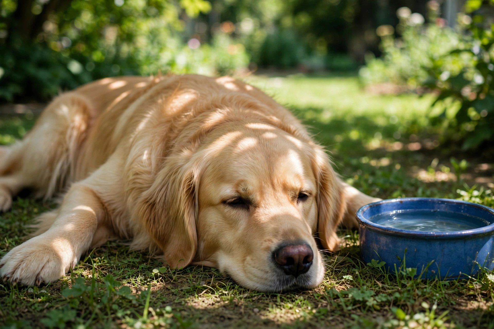 Golden retriever resting in the shade next to a blue water bowl on a hot summer day