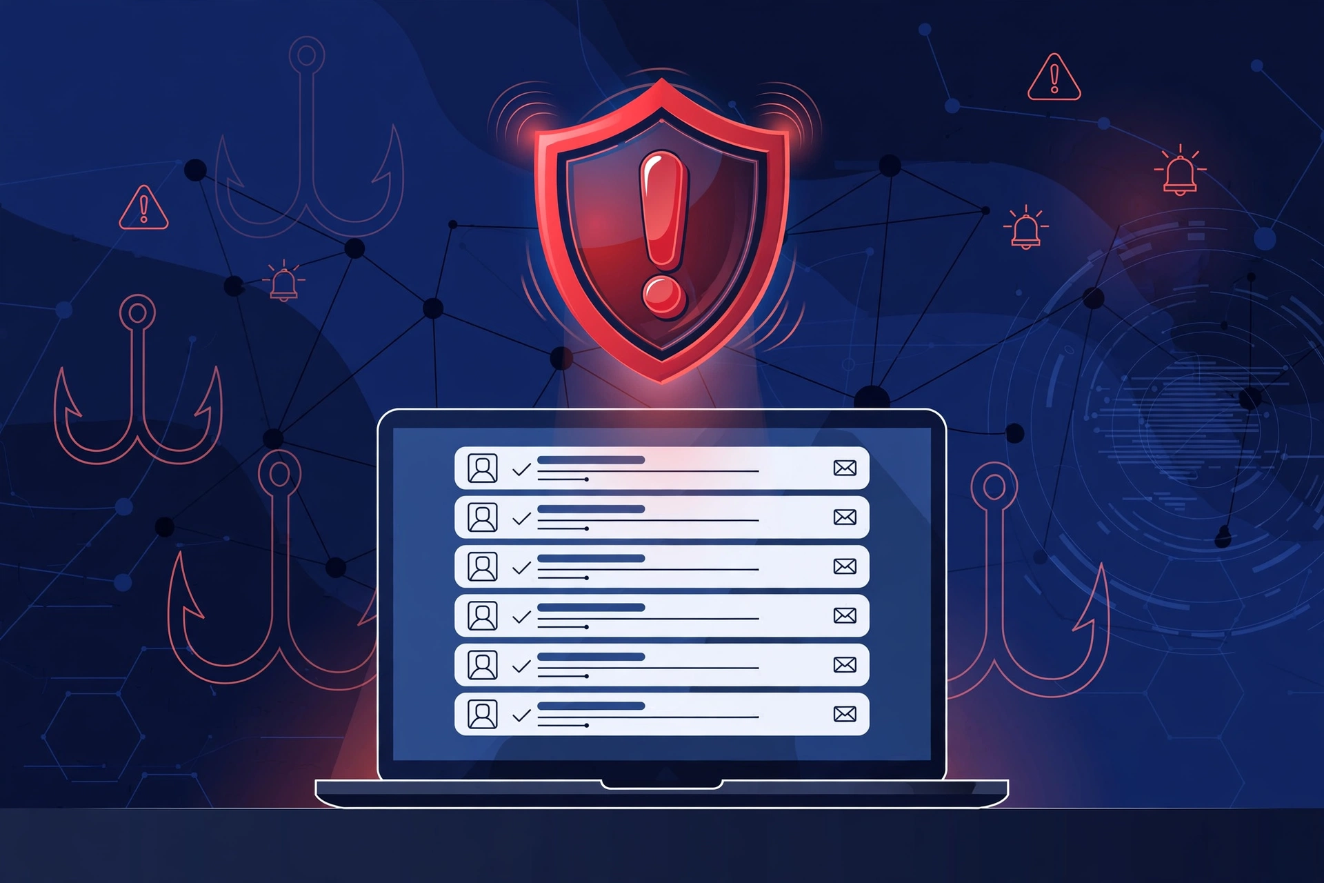 Laptop showing an email inbox with a warning shield, cybersecurity concept illustration