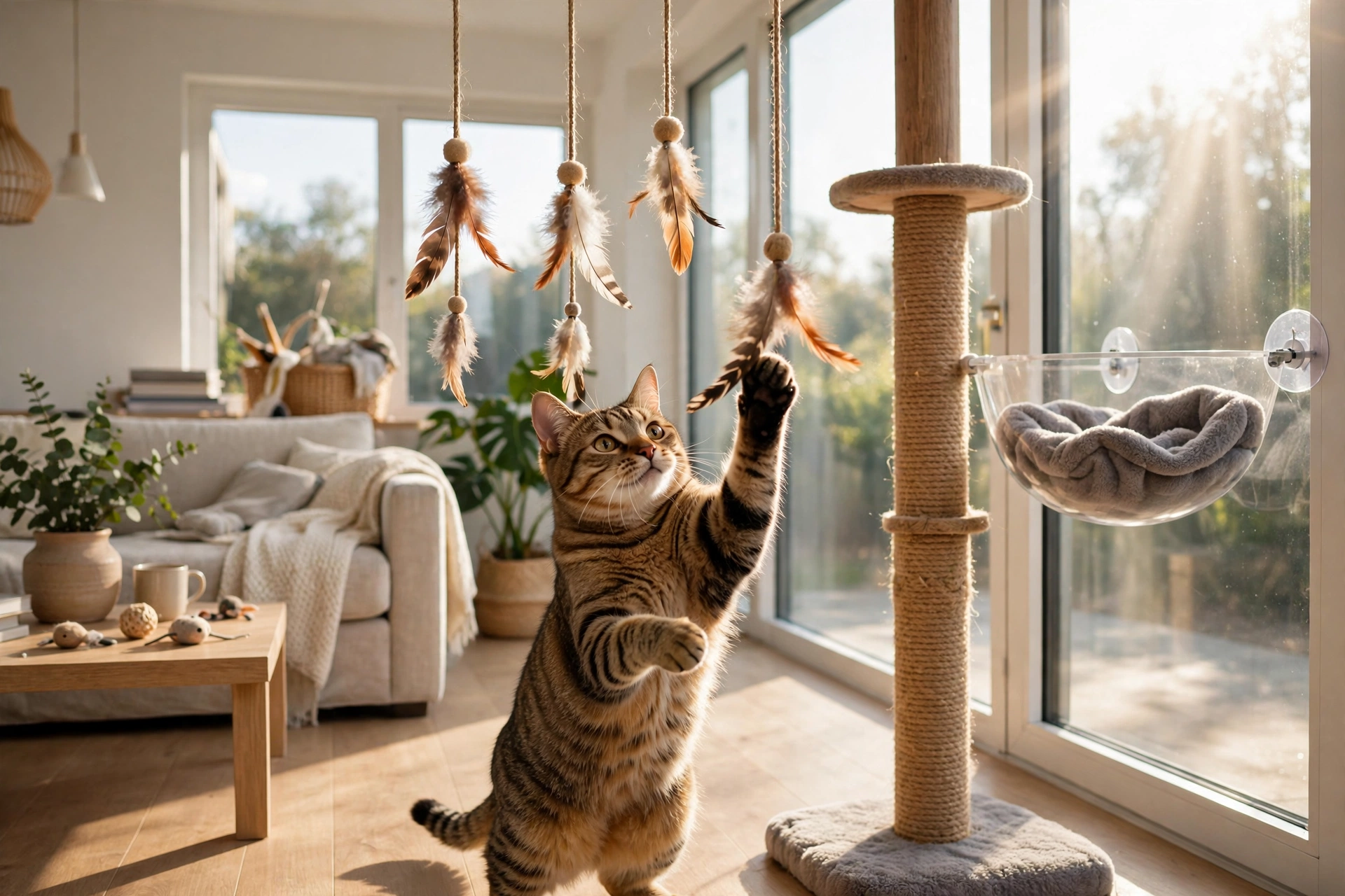 Tabby cat playing with feather toys near a scratching post in a bright living room