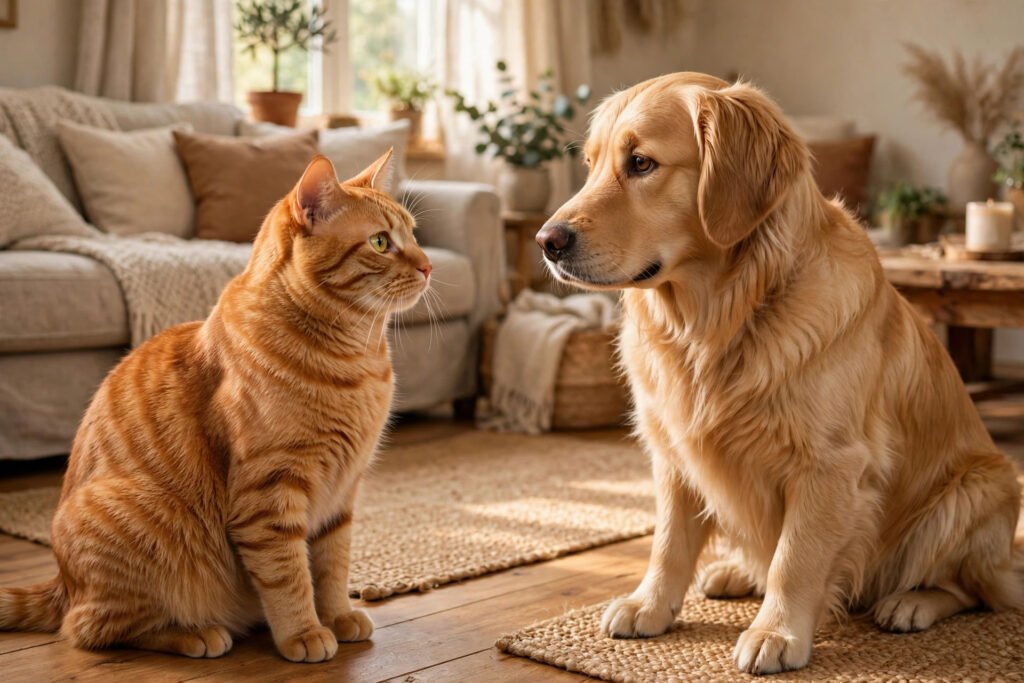 Cat and dog meeting calmly for the first time in a living room