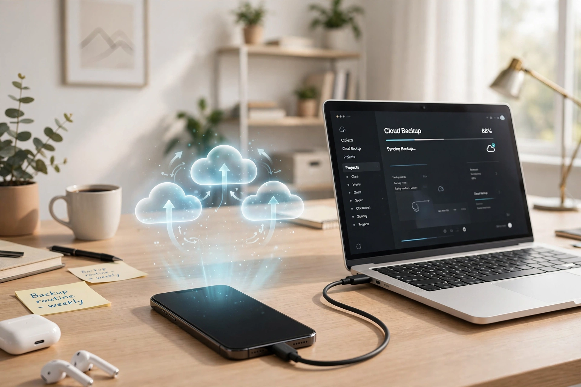 Smartphone connected to a laptop with glowing cloud backup symbols above it