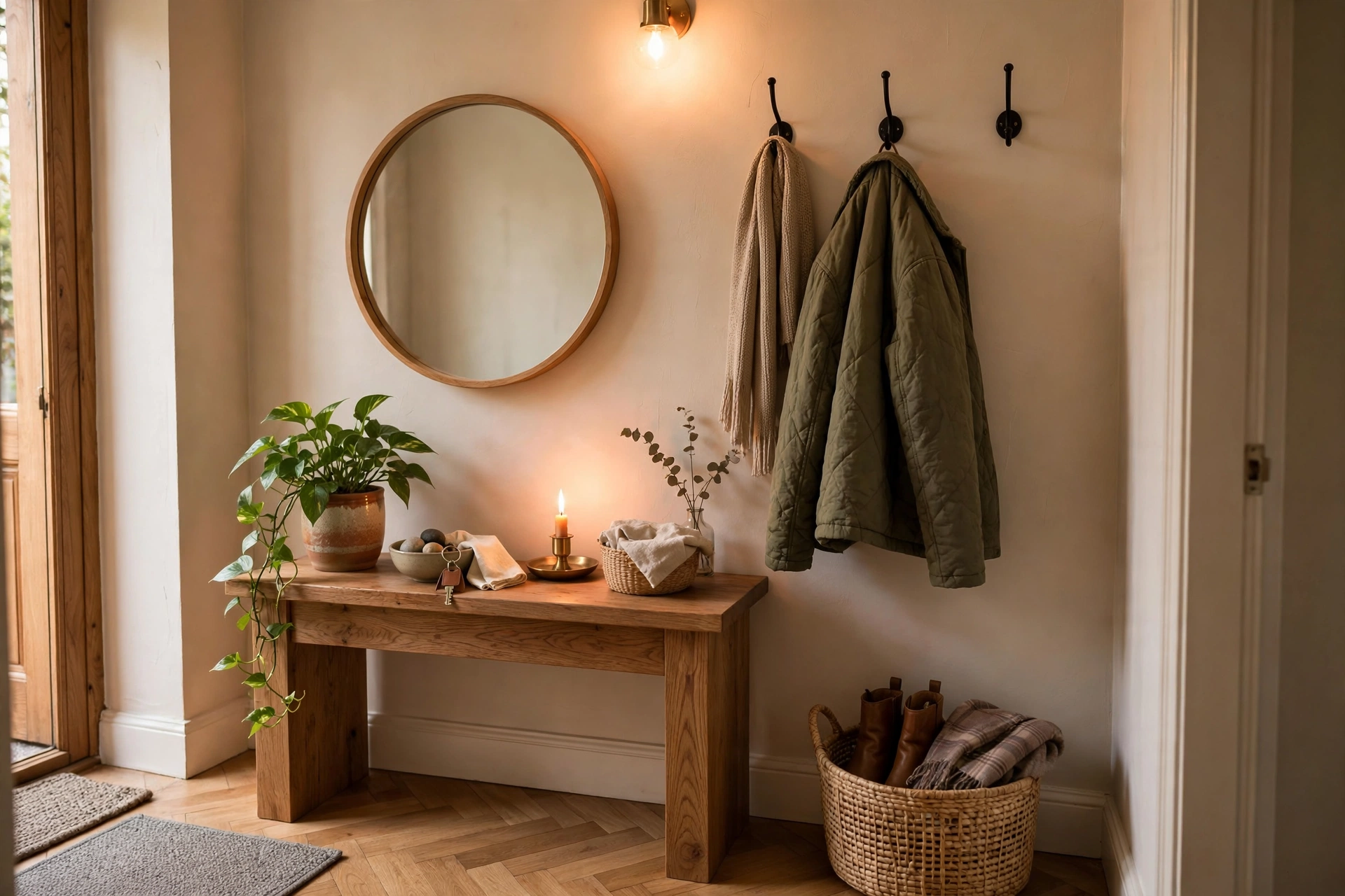 Welcoming home entryway with wooden console table, round mirror and potted plant