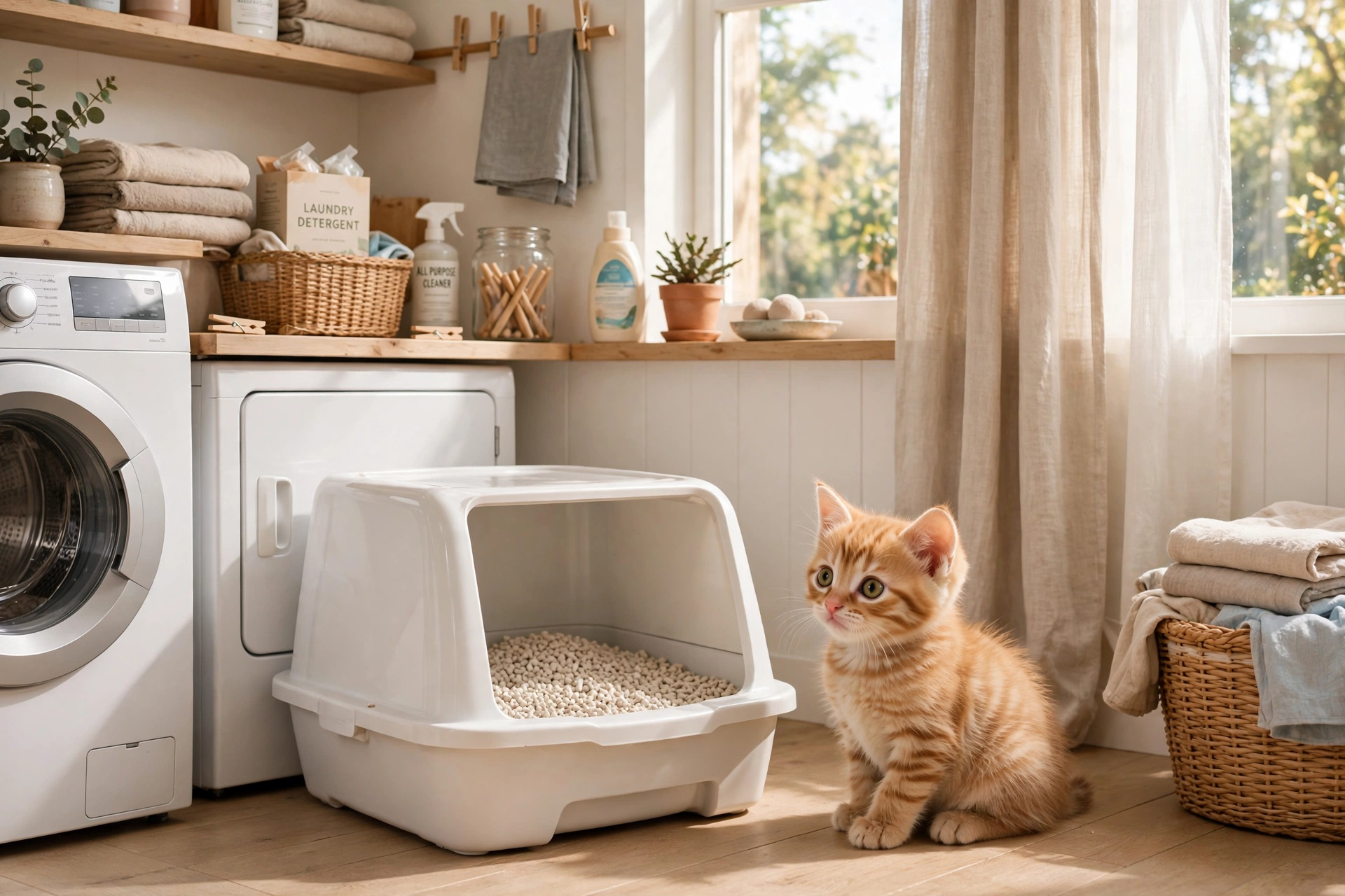 Kitten sitting beside a clean litter box in a bright room