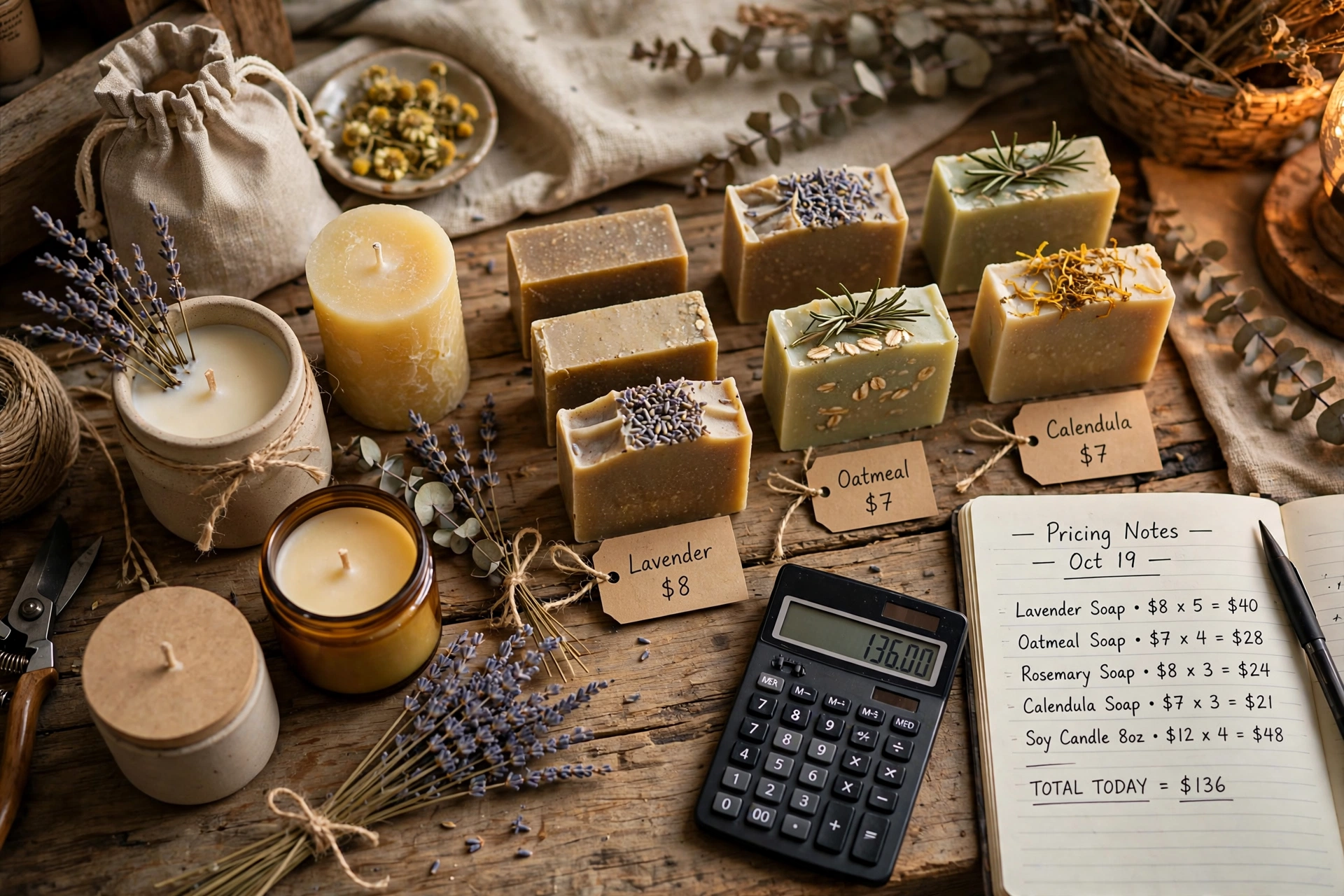 Craft workbench with handmade products, price tags, calculator and notebook