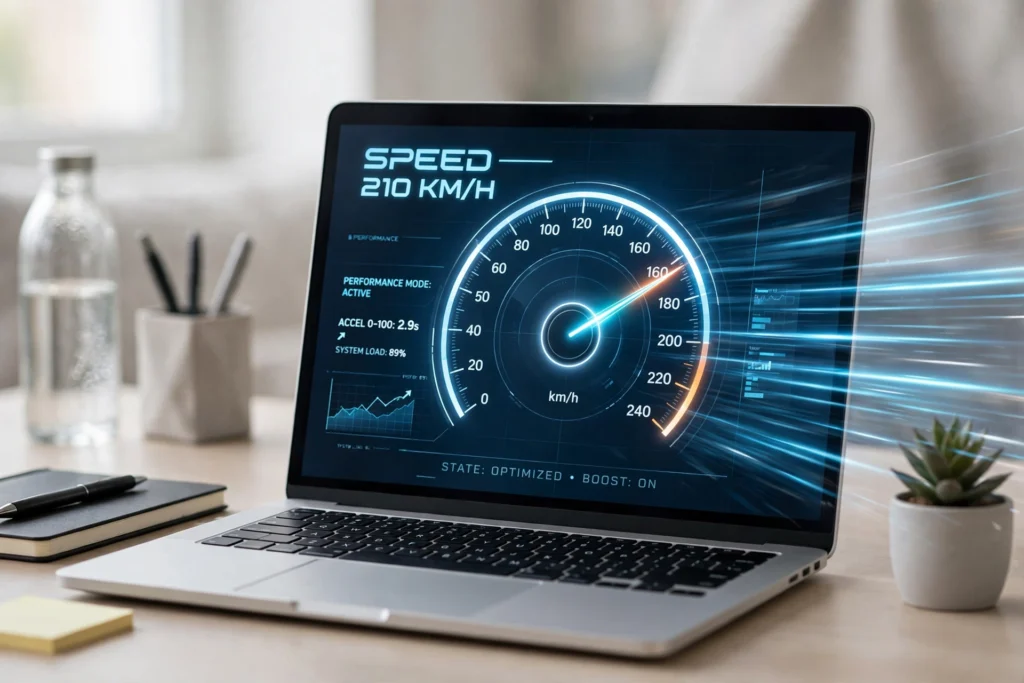 Illustration of a laptop with a speedometer overlay showing a speed boost