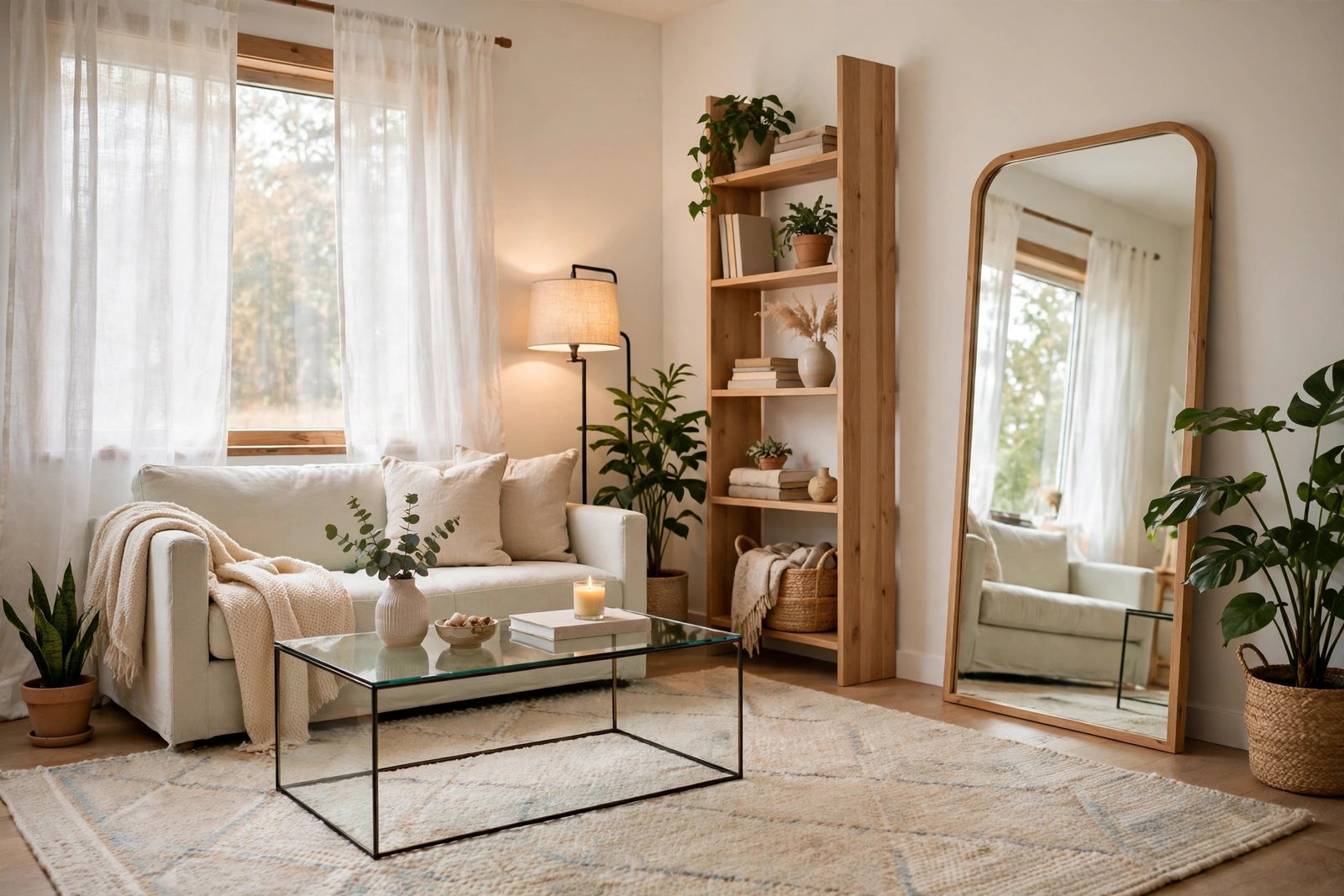 Cozy small living room with light colors, a large mirror and vertical shelving that make the tiny space feel bigger