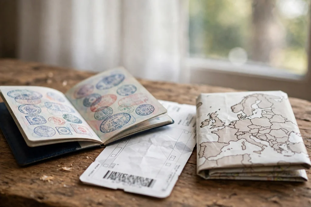 Open passport with visa stamps, boarding pass and a map of Europe on a desk