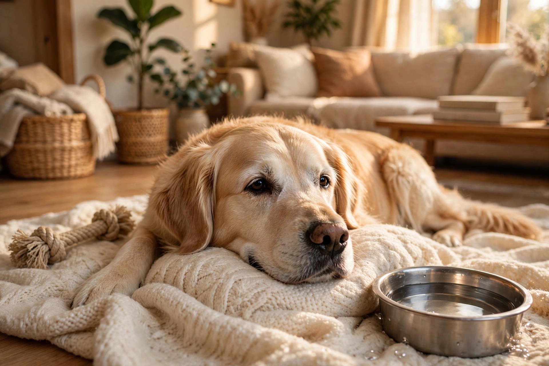 Senior golden retriever with a gray muzzle resting on a blanket in a cozy living room