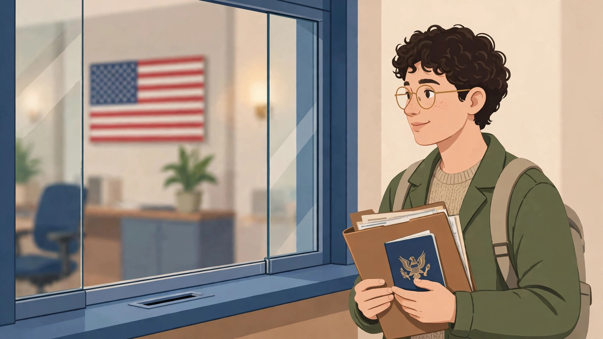 First-time traveler at a US embassy interview window holding documents for a tourist visa interview
